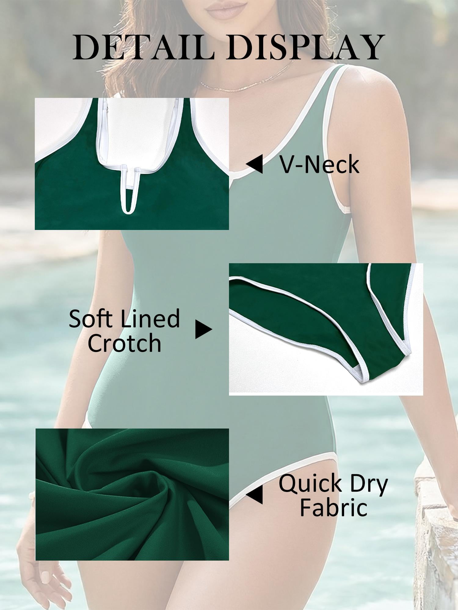 Women's Comfortable Well-Fitted Slim-Fit 1-Piece Bikini Swimming Suit - Synthetic Elastane, Deep V Neck, Contrast Trim, Fashion Design, Black, Breathable, Waterproof, Machine Washable Beach Sports Swimwear