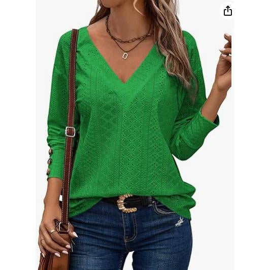 Women's V Neck Long Sleeve Eyelet Hollow Out Top, Decorative Button Cuff Loose Casual Solid Color Blouse