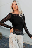 Black Asymmetric Panels Sheer Floral Lace Patchwork Long Sleeve Top