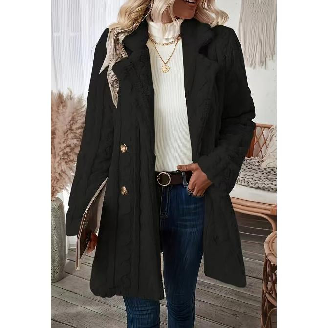Women's Vintage Cable Knit Warm Plush Mid-Length Coat - Lapel, Double Breasted, 2-Button, Full Sleeves, Casual Winter Outerwear, Buttoned Women's Fleece Jackets (Vintage Clothing)