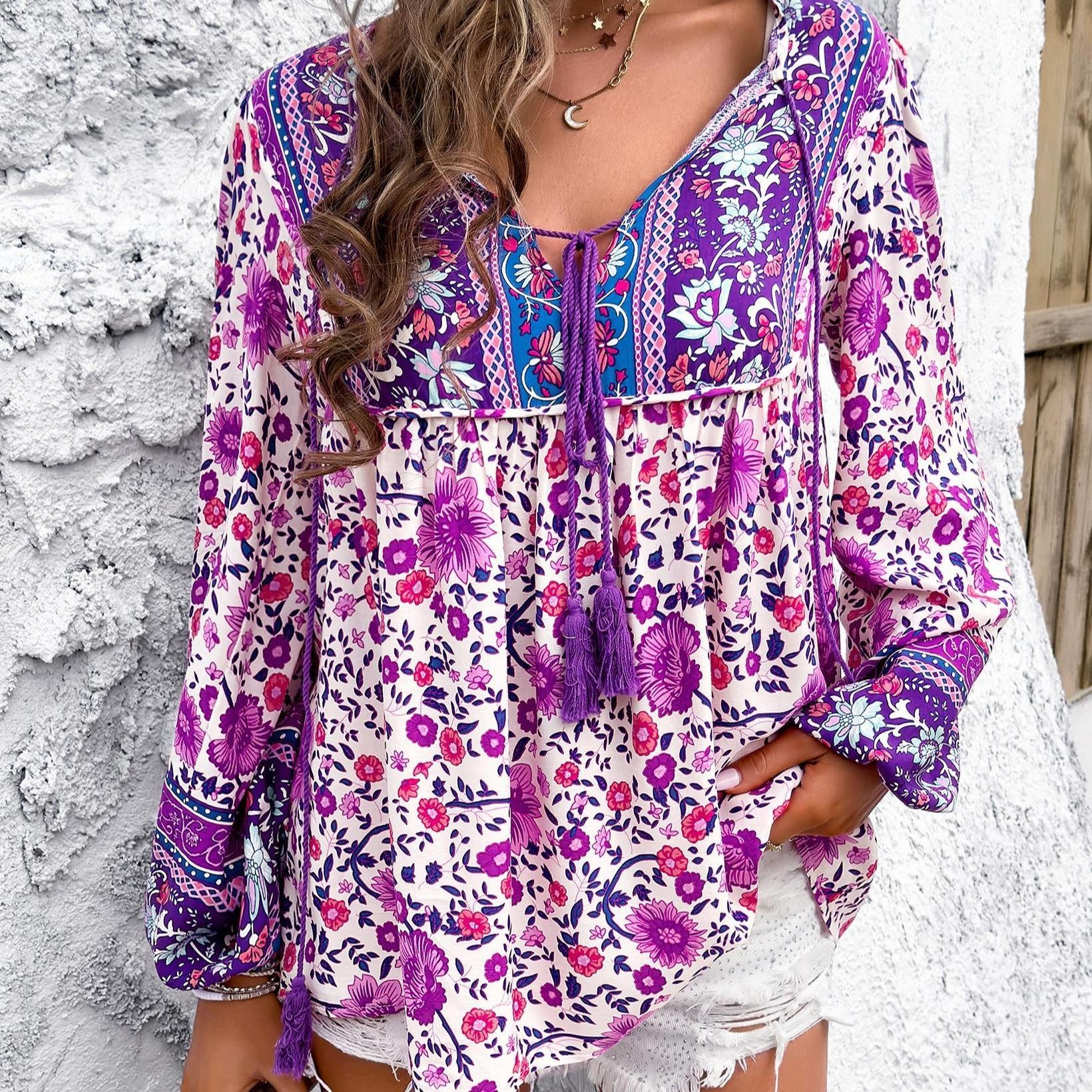 Women's Chic Bohemian Floral Print Blouse - Elegant V-Neck Drawstring Tassel Tie, Long Lantern Sleeves, Loose Comfortable Ethnic Shirts for Summer Beach Vacation Style