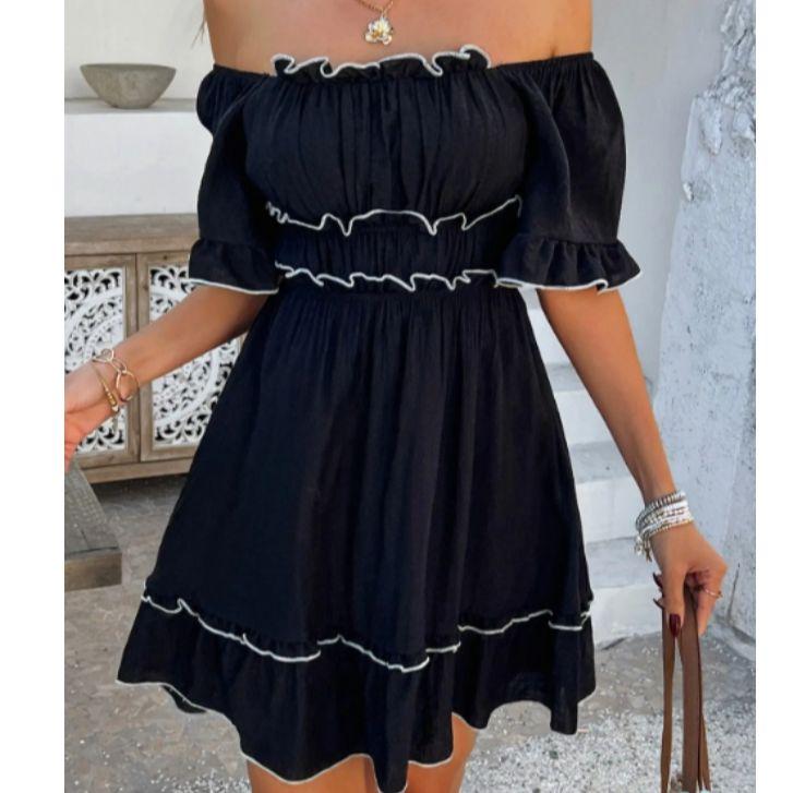 TCIFE Women's Sexy Fitted Square Neck Flutter Short Sleeve Smocked Waist A-Line Boho Tiered Cocktail Mini Dress - Breathable Fabric, Backless Open, Casual 1-Piece Vacation Party Black Clothing