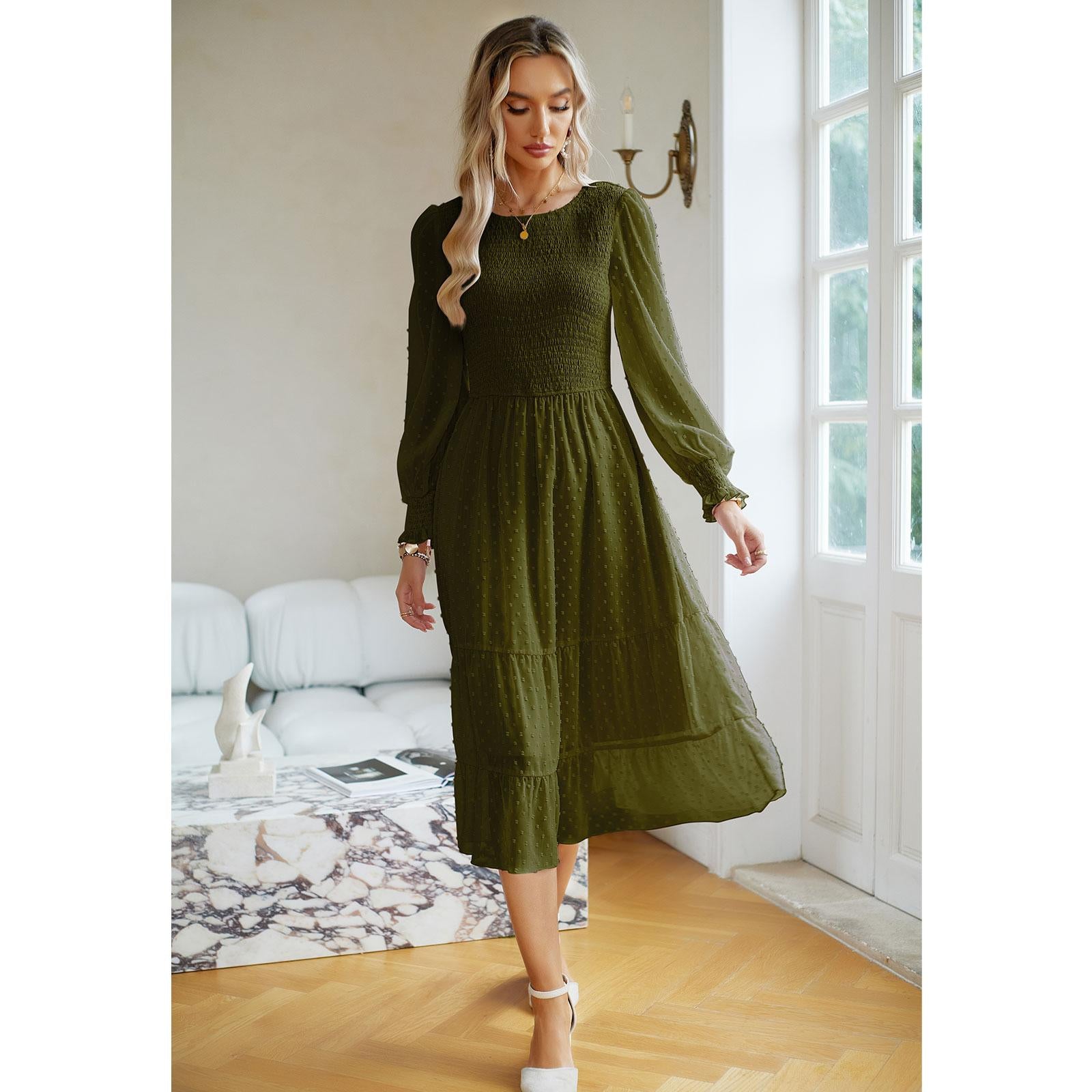 Women's Swiss Dot Long Sleeve Midi Dress - Round Neck Smocked Bodice, Tiered Flowy A-Line, Elastic Fabric, Feminine Balloon Casual Wear Dress