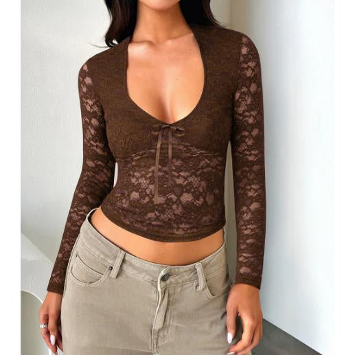 Women's Sheer Floral Lace Cropped Blouse - Light Fabric, Deep V-Neck, Front Tie, Long Sleeve, Slim Fitted, Y2K Sexy Lady Going Out Top, Styling-Compatible with Cargo Pants