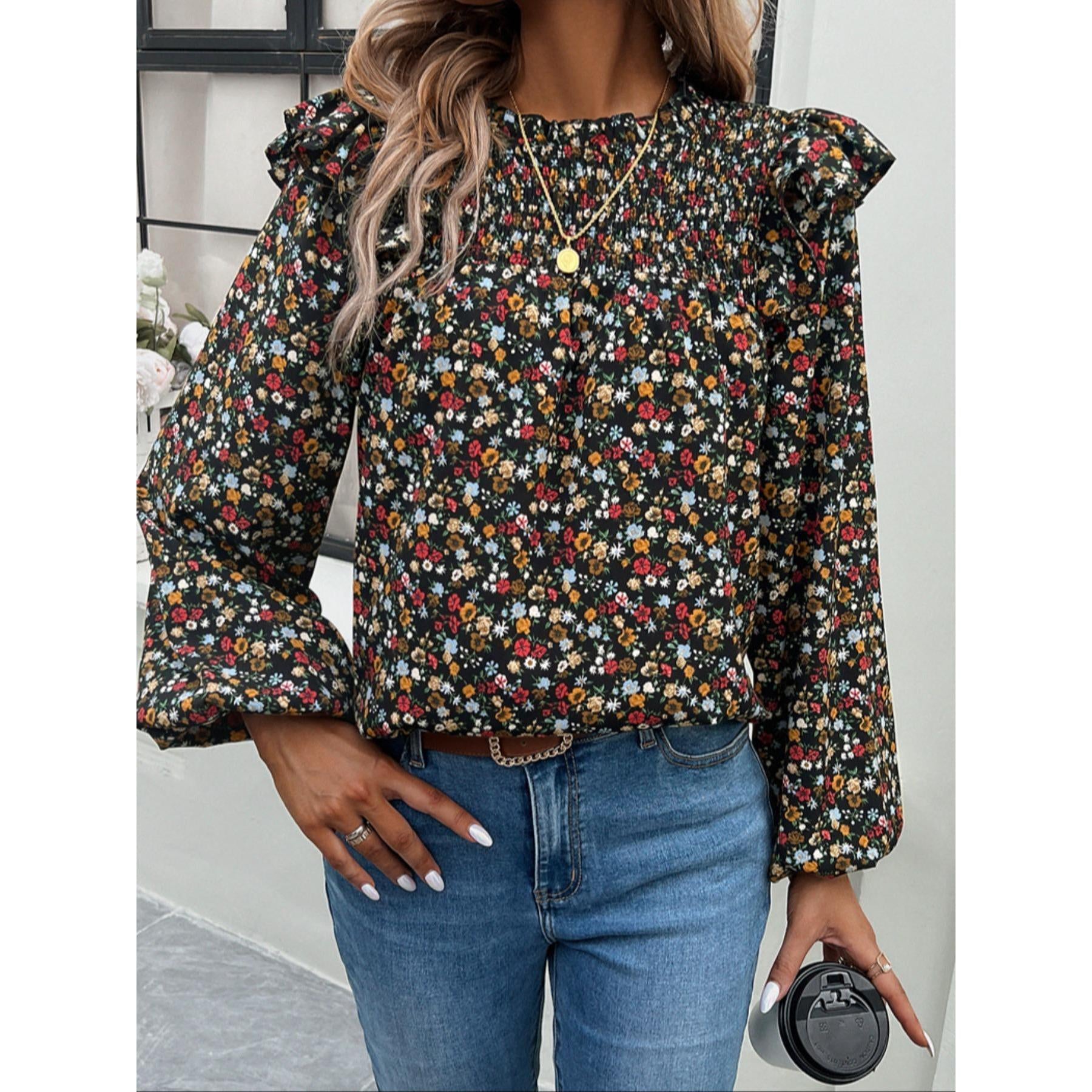 Women's Gorgeous Ditsy Floral Print Polyester Blouse - Smocked Mock Neck, Ruffle Balloon Long Sleeves, Everyday Bohemian Casual Shirt