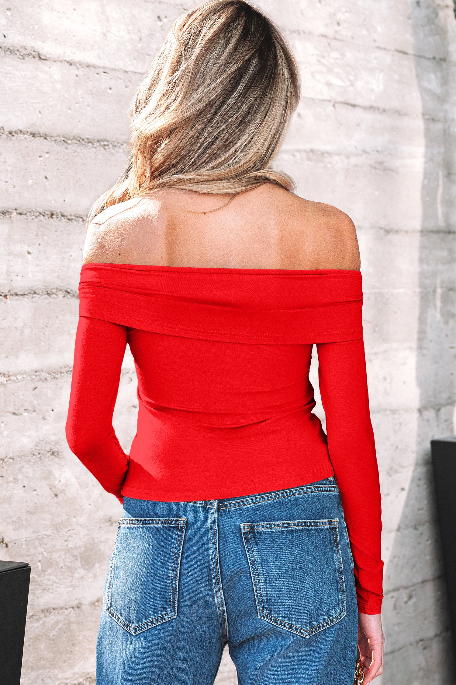 Fiery Red Foldover Off Shoulder Long Sleeve Slim Top