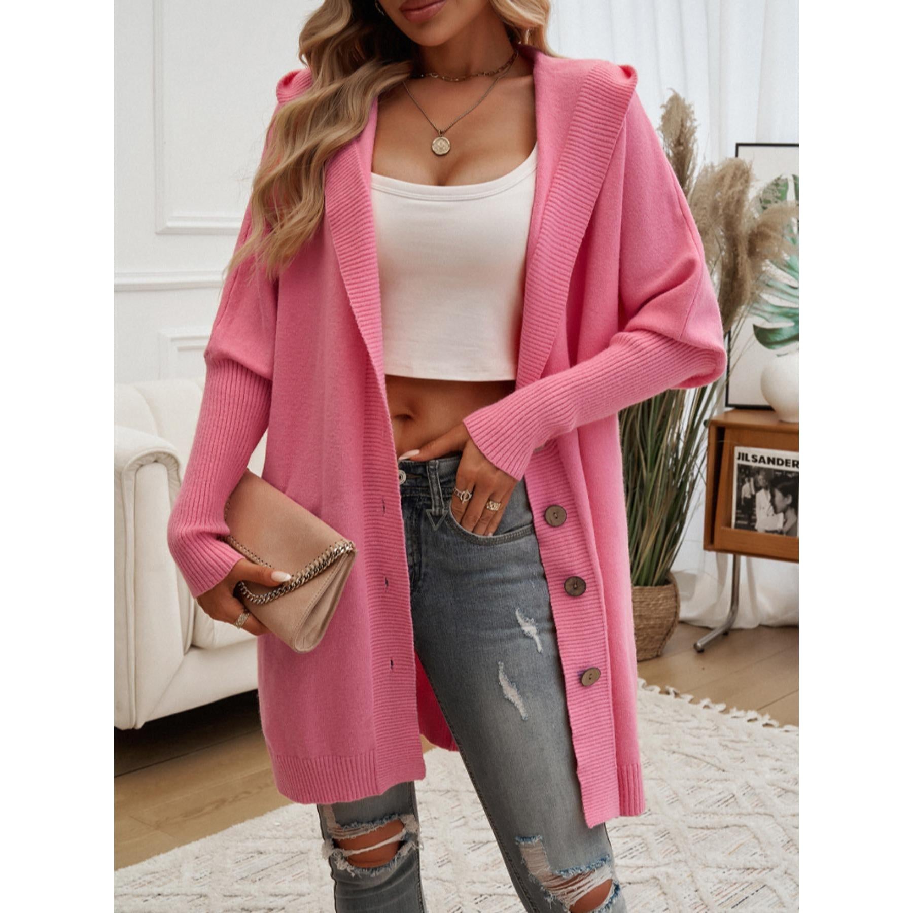Women Oversized Hooded Long Knit Cardigan, Button Front Batwing Sleeve Casual Sweater Coat, Fall Winter Loose Outerwear