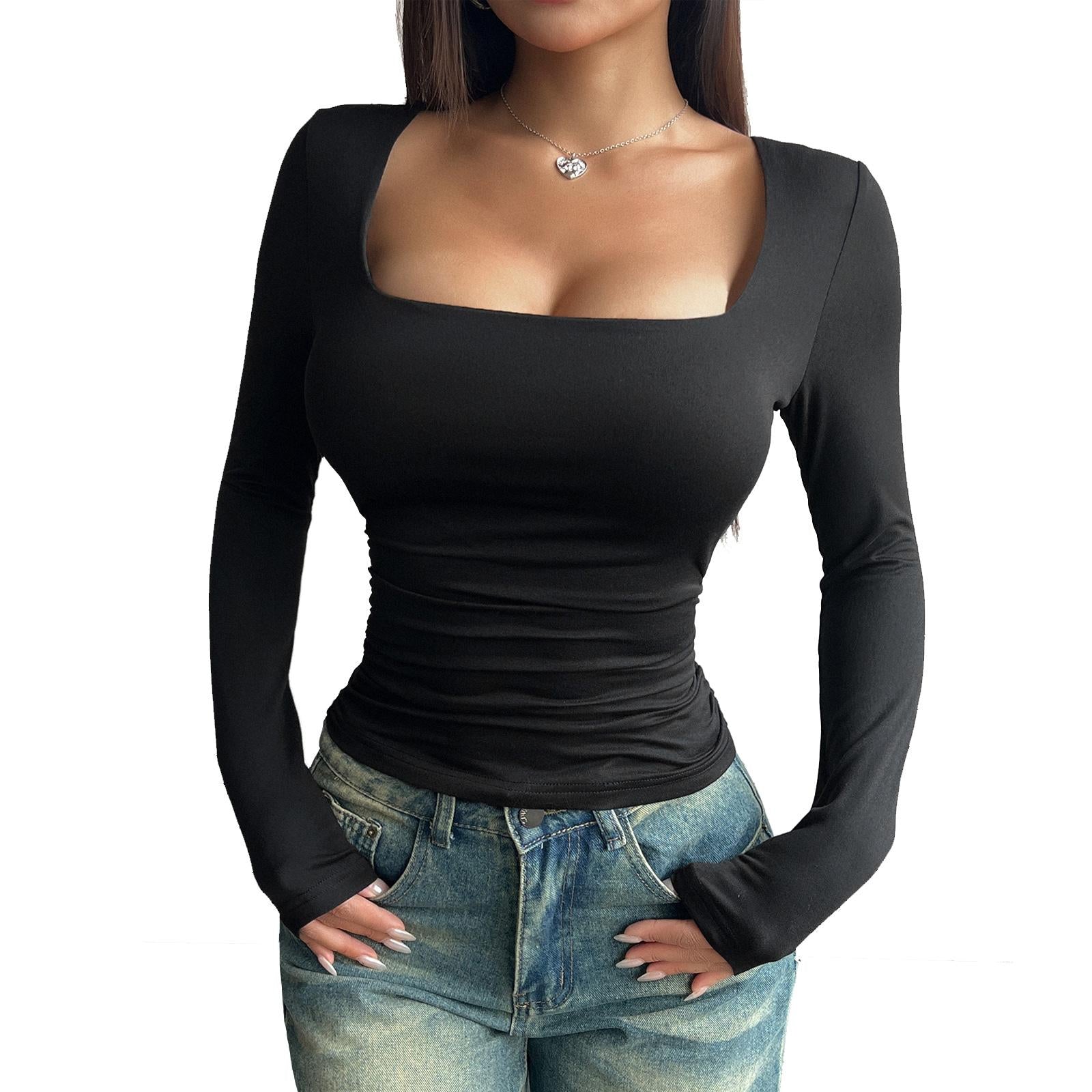 Women's Minimal Cute Deep Square Neck Full-Sleeve Ruched Waist Soft Stretch Solid Bodycon Cropped T-Shirt - High Elastic Fitted Basic Tee for Daily, Club Streetwear