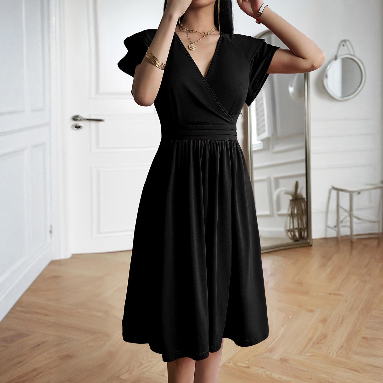 Women's Minimalist Soft Wrap V-Neck Ruffle Sleeve High-Waist Flared A-Line Midi Dress - Solid Color Elegant Chic Casual Wear Cocktail Dress with Hip-Flattering Skirt