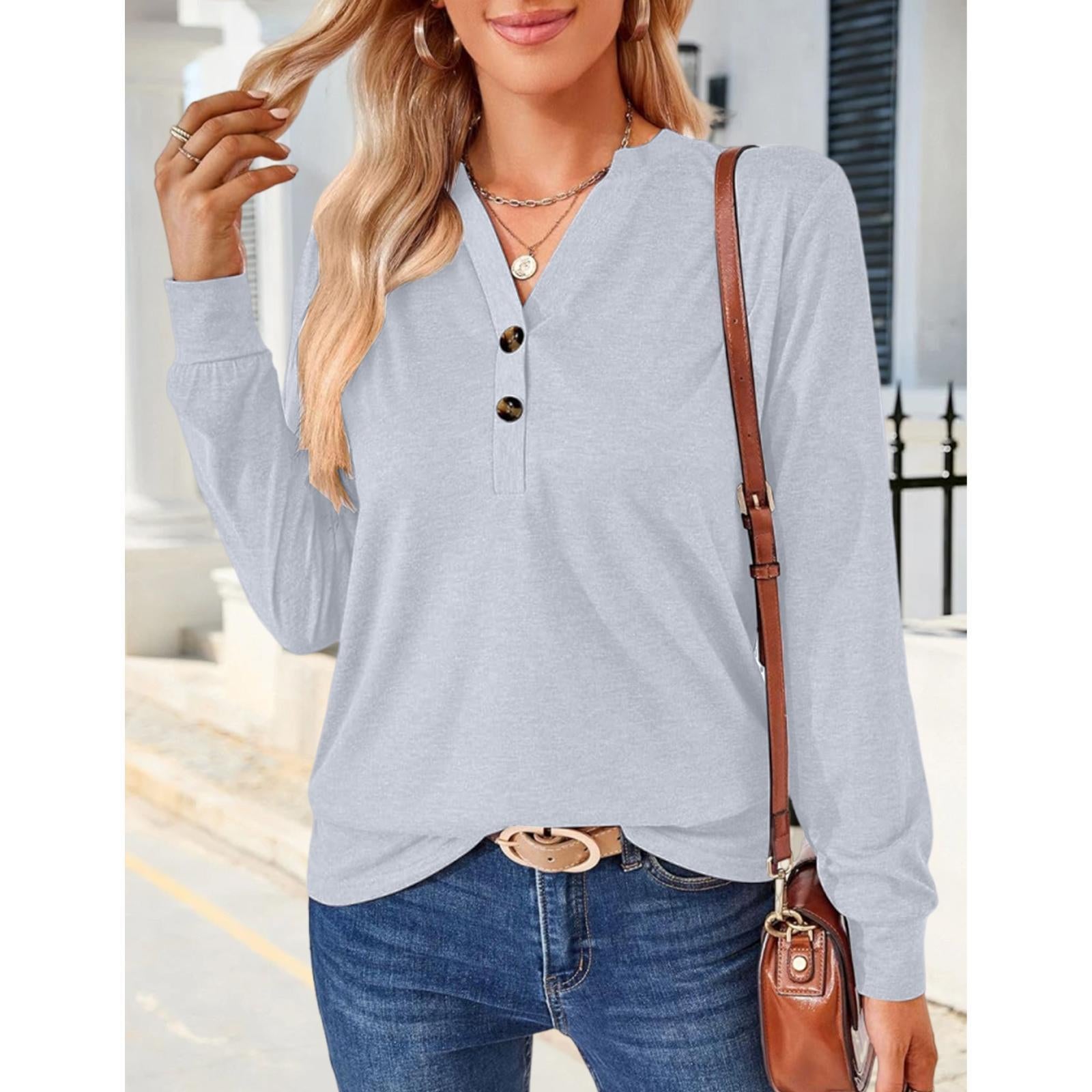 Women's Breathable Henley Long-Sleeve V-Neck Button-Decor Casual Loose Solid Minimalist Tunic Blouse, Everyday Hip Fall Basic Top for Layering Under Jackets
