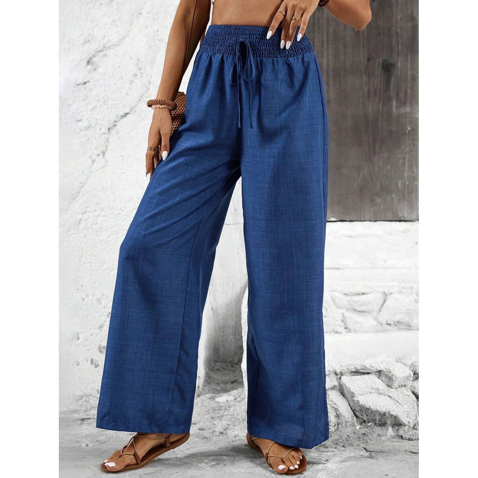Women's Elastic High Waist Breathe-Fabric Wide Leg Pants - Adjustable Drawstring, Flowing Cut Casual Outfits Women Summer Beach Trousers