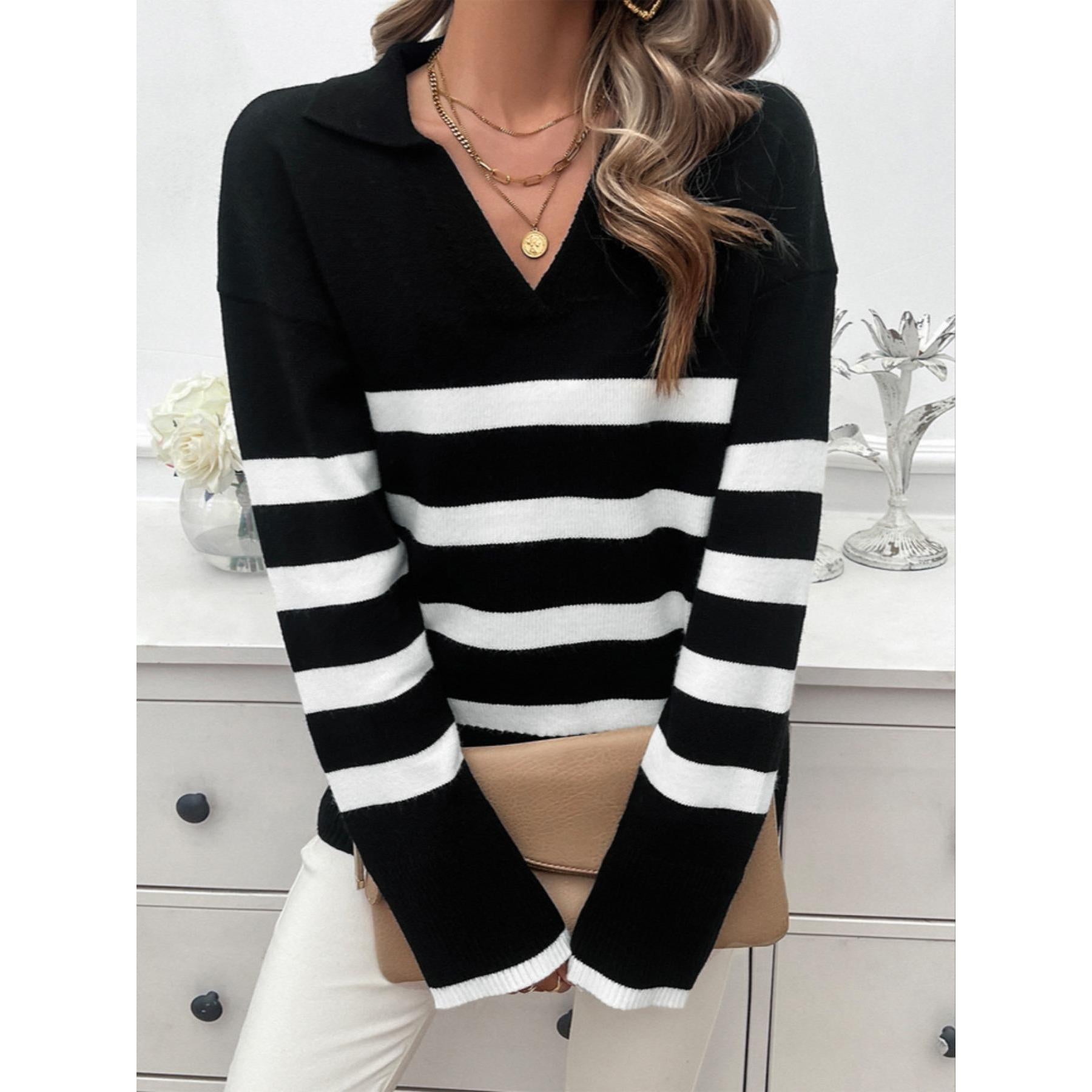 Women's Soft Ribbed Striped Polo Collar V-Neck Long-Sleeve Loose Drop-Shoulder Casual Pullover Tops - Fall Winter Sweaters, Striped Sleeve Pullovers