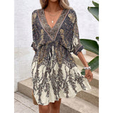Women's Vintage Loose Boho Casual Paisley Print Mini Dress - Deep V-Neck, Batwing Sleeves, Drawstring Waist, Tiered Ruffled Hem, Gradient Fabric Summer Beach Vacation Dress