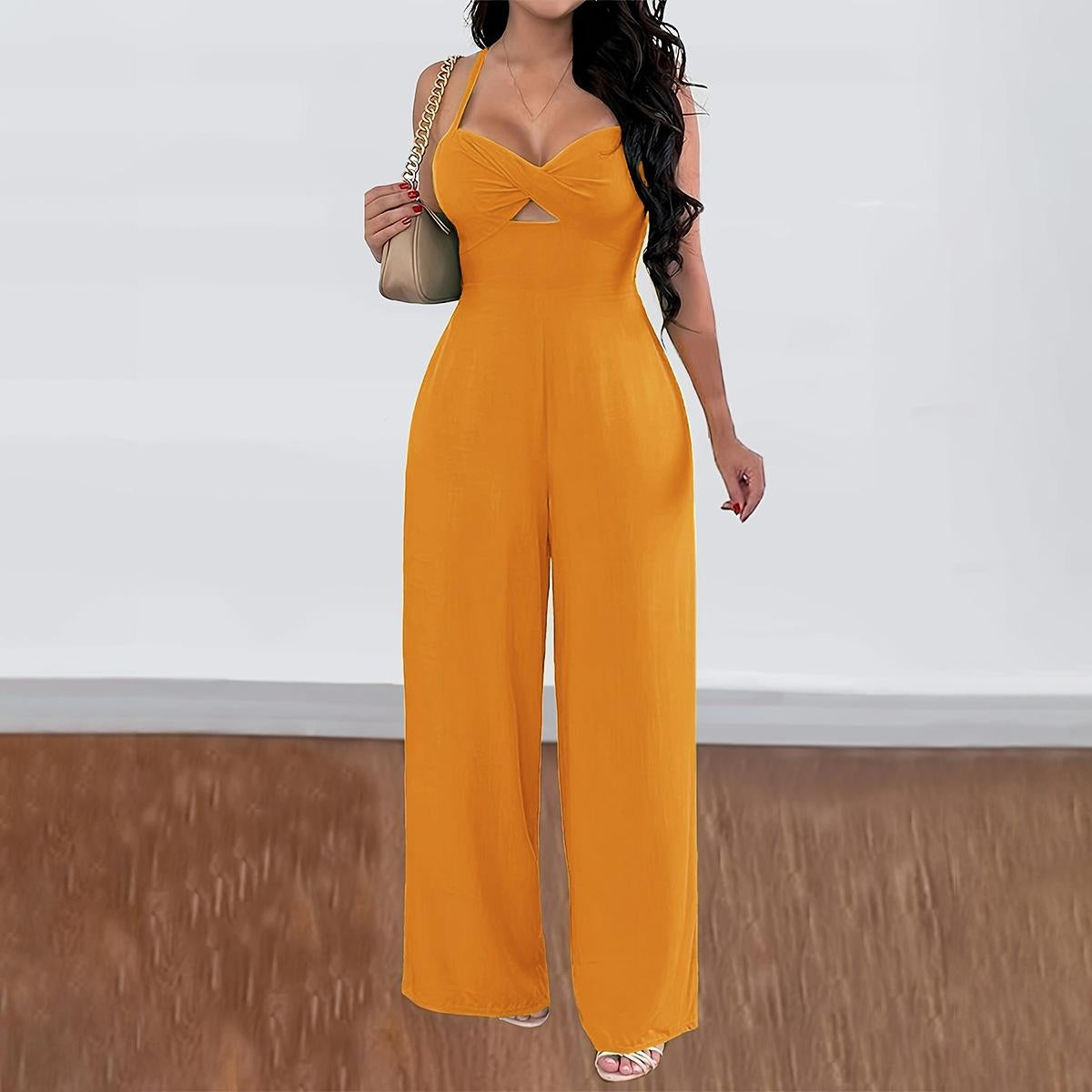 Women Spaghetti Strap Jumpsuit Twist Front Cutout Criss Cross Tie Back Wide Leg Elastic Waist Sleeveless Summer Party Romper