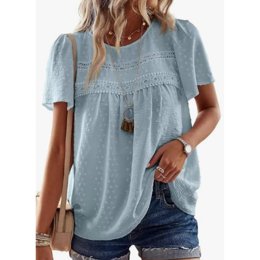 Women Swiss Dot Lace Tunic Top, Round Neck Puff Short Sleeve Loose Flowy Boho Blouse Casual Summer Shirt
