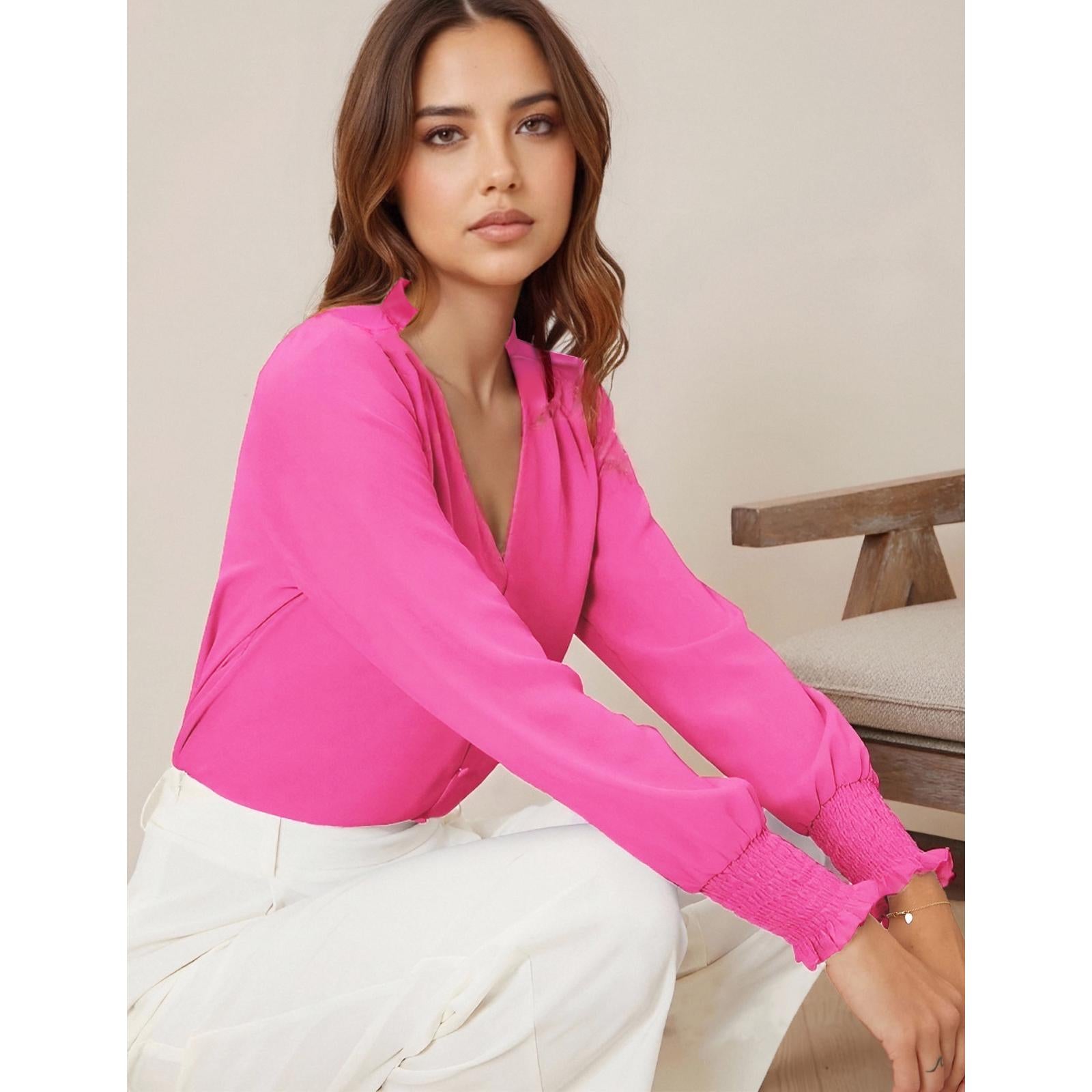 Women's V-Neck Ruffle Collar Long Sleeve Blouse, Smocked Cuff Button Down Puff Sleeve Elegant Work Chiffon Top