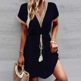 Women's Bohemian Casual Dress - Short Sleeve, Hollow Lace Trim, Tassel Drawstring Waist, Flowy, Elastic, Lightweight, Breathable, Casual Wear, Boho Style Outfit for Beach
