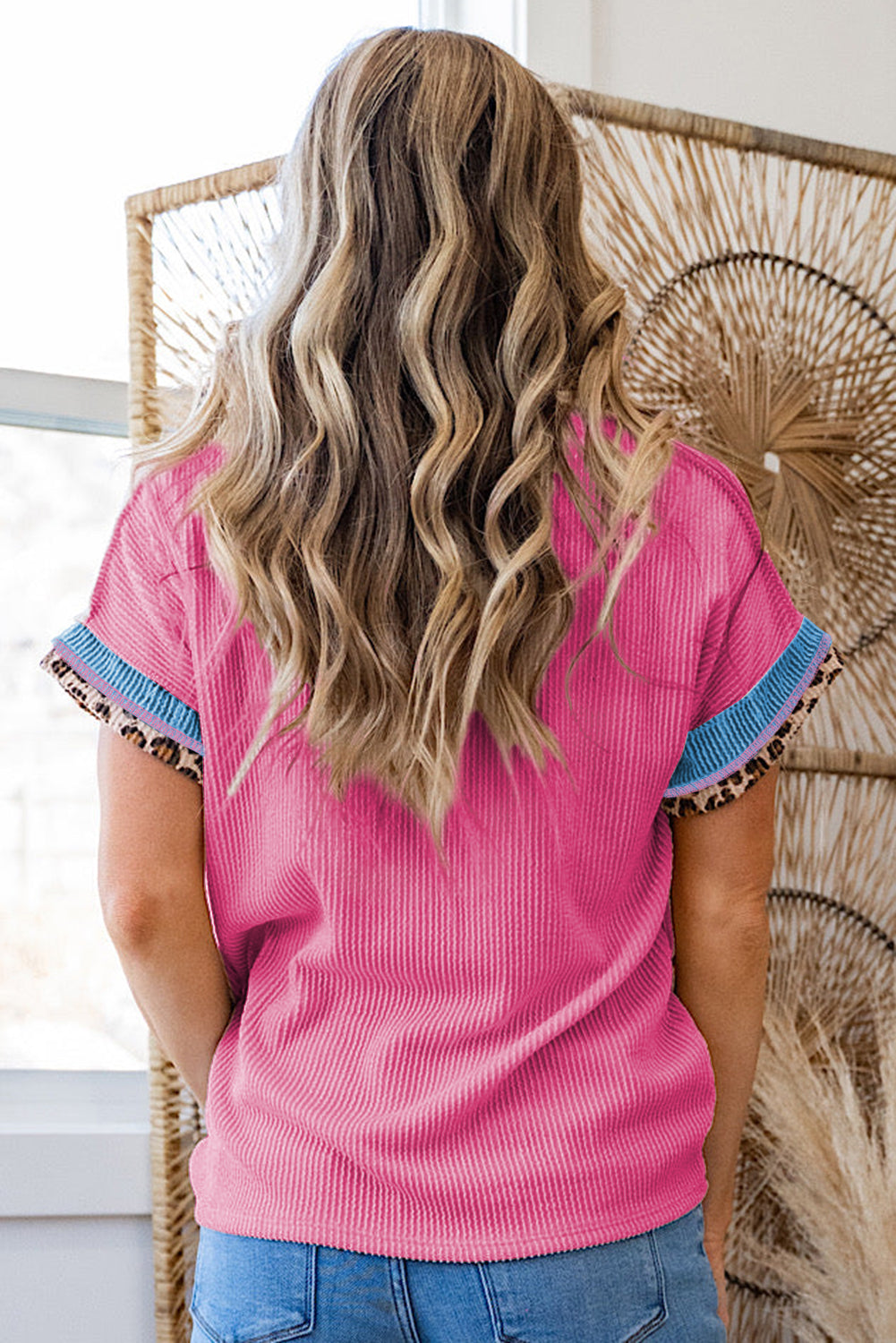 Jet Stream Leopard Patchwork Corded Knit Crew Neck T Shirt