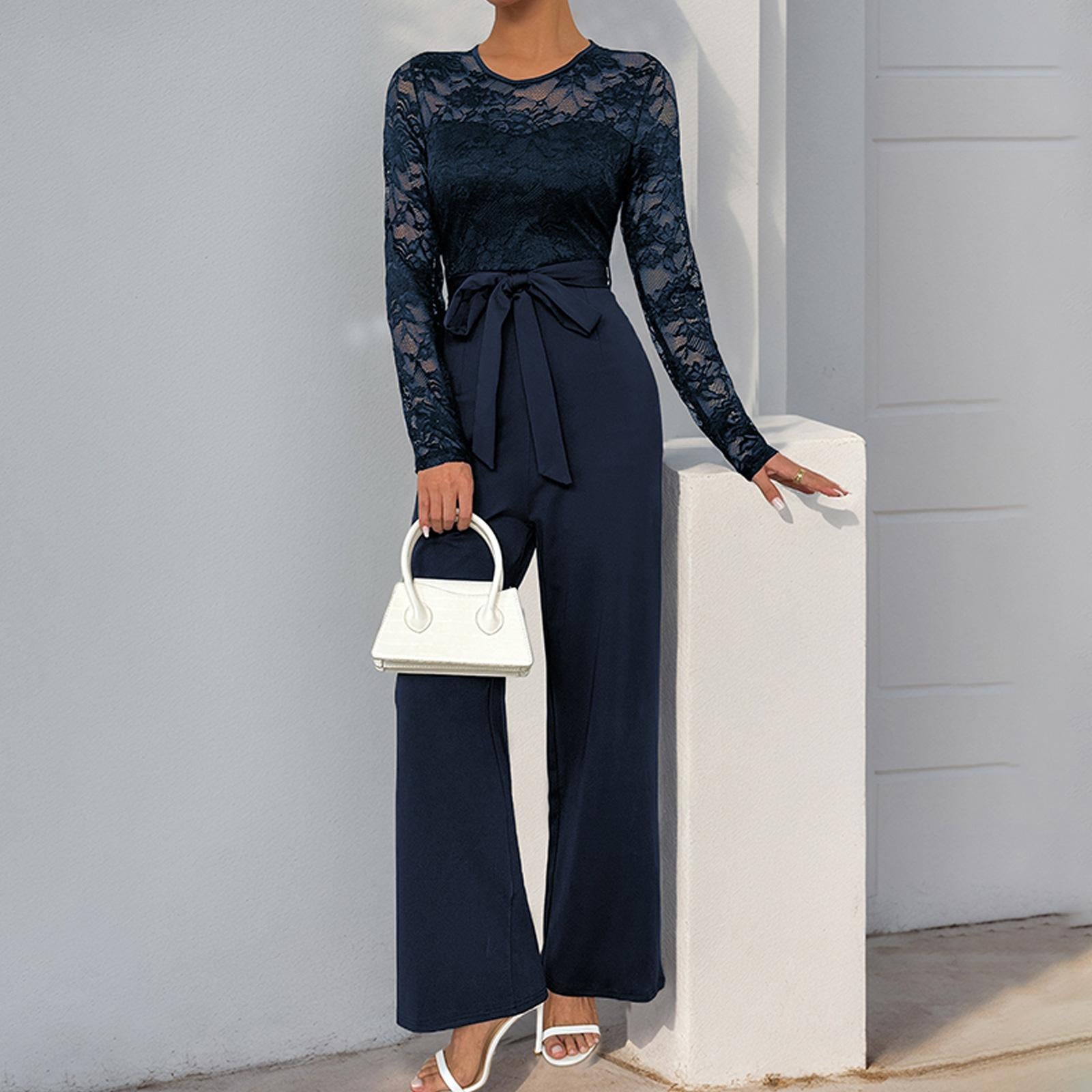 Elegant Lace Long Sleeve Jumpsuit for Women, Belted High Waist Wide Leg Formal Romper, Evening Party Wedding Guest Outfit