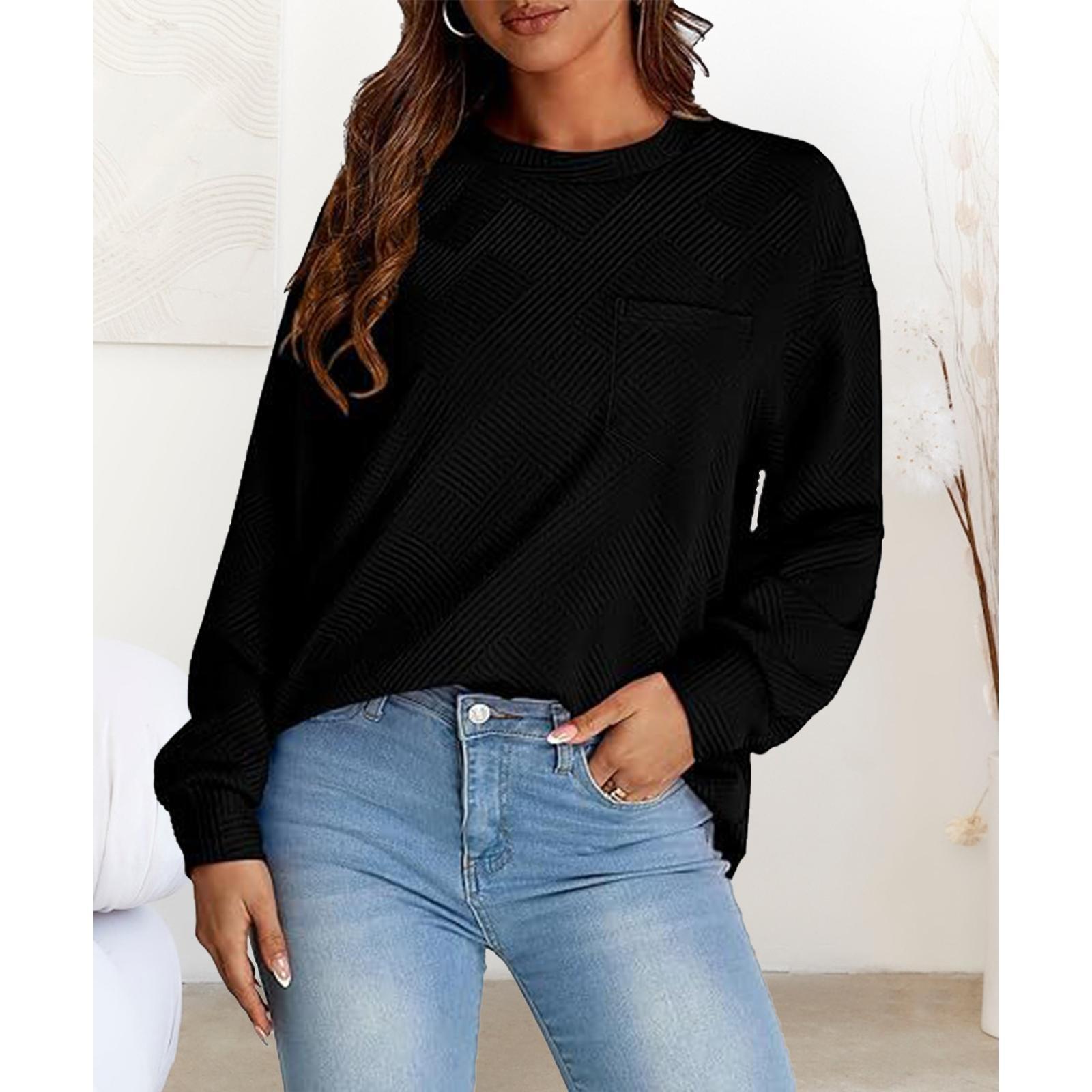Women's Simple Soft Woven Geometric Jacquard Fabric Crew Neck Sweatshirt - Loose Drop Shoulder Long Sleeve Pullover with Ribbed Details, Casual Fall Basic Top