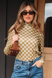 Khaki Check Pattern Turtleneck Ribbed Slim Long Sleeve Tee