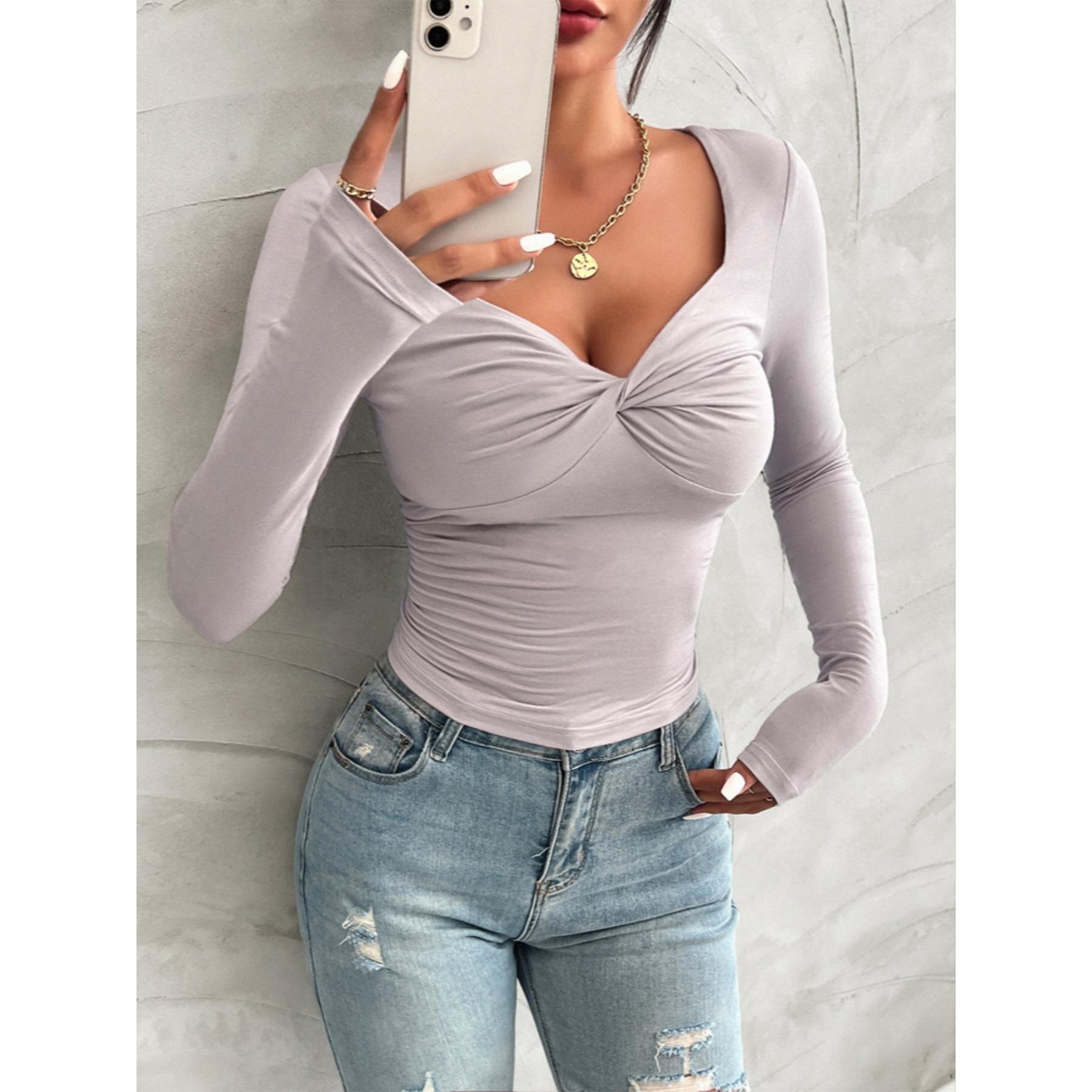 Twist Front V Neck Long Sleeve Top for Women, Slim Fit Thumb Hole Solid Crop Tee, Stretchy Basic Going Out Shirt