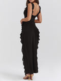 Women's French Chic Square Neck Polyester Sleeveless Spaghetti Strap Solid Color Long Maxi Dress - Lady's 1-Piece with Ruffle Detail, Thigh Split, Soft Romance, Instant Glam for Casual & Party Occasions