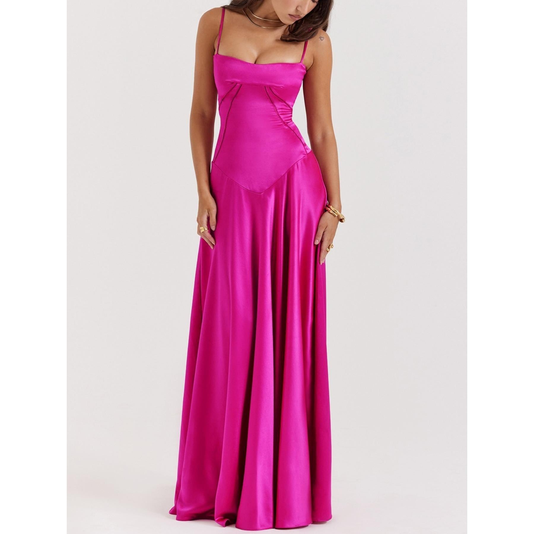 Women Satin Spaghetti Strap Maxi Dress Square Neck Corset Lace Up Back Formal Evening Gown Wedding Guest Prom Party Long Dre. sss
