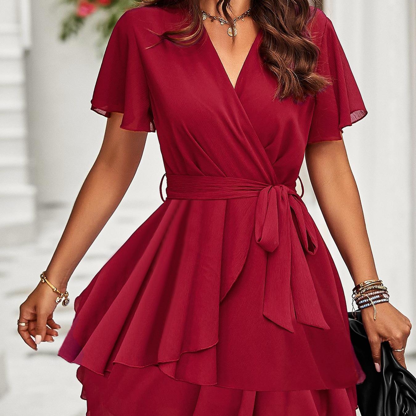 Women's Breathable Soft Chiffon Wrap V-Neck Mini Dress - Short Flutter Sleeves, Tiered Ruffles, Belted, 1-Piece Casual Evening Cocktail Formal Dress with Zipper