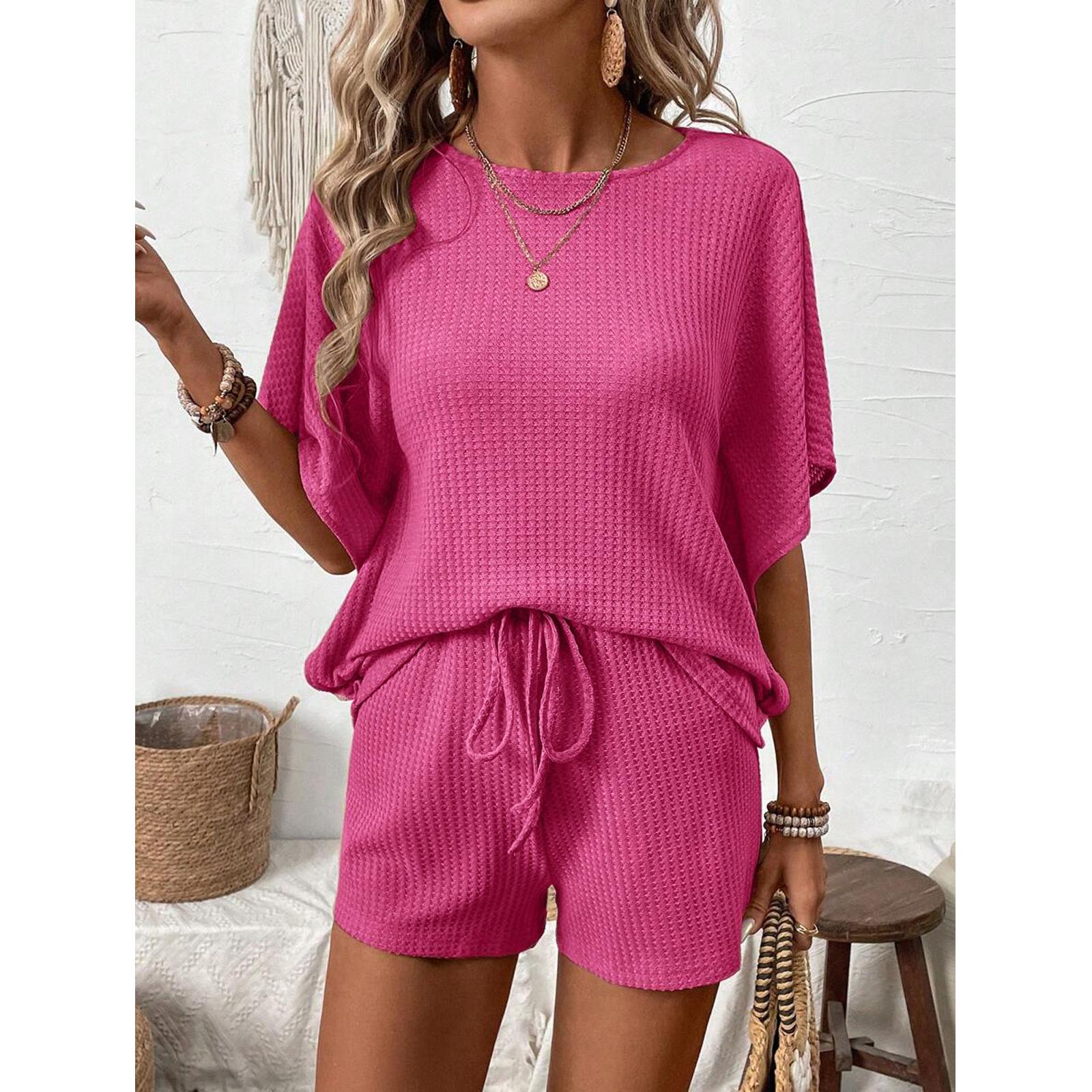Women's 2-Piece Oversized Lightweight Basic Loose Waffle Knit Loungewear Set - Round Neck Batwing Sleeve Top, Adjustable Drawstring Elastic Shorts for Beach, Nightwear Tracksuit