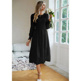 Women's Swiss Dot Long Sleeve Midi Dress - Round Neck Smocked Bodice, Tiered Flowy A-Line, Elastic Fabric, Feminine Balloon Casual Wear Dress