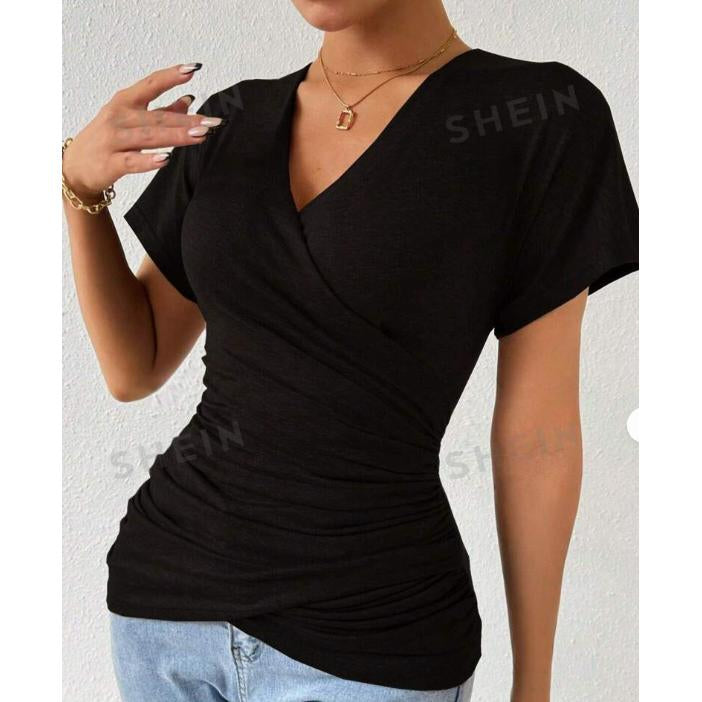 Women Surplice Wrap V Neck Short Sleeve Top, Ruched Waist Slim Fit Casual Solid Color Tee, Summer Elegant T Shirt Blouse for Daily Outing