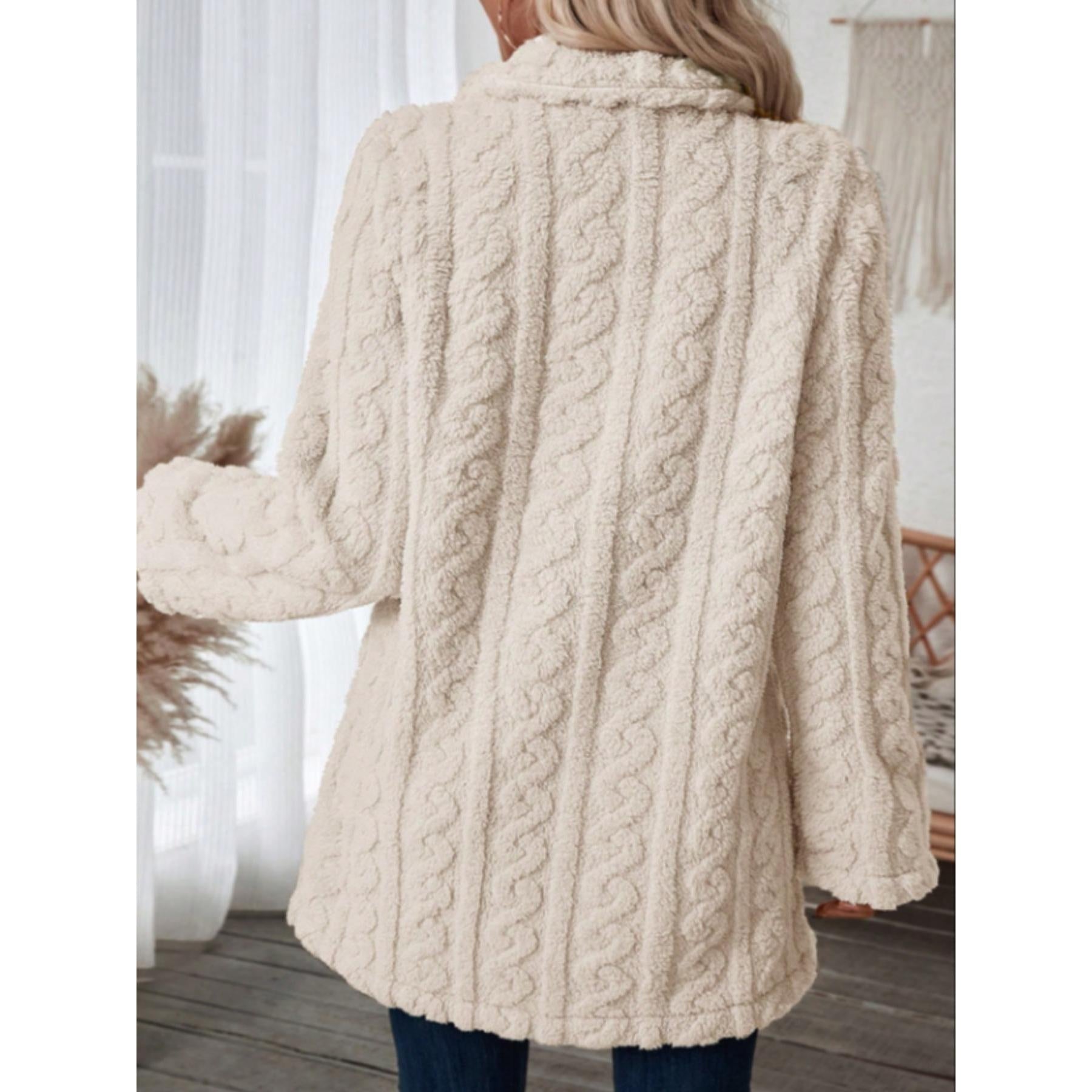 Women's Vintage Cable Knit Warm Plush Mid-Length Coat - Lapel, Double Breasted, 2-Button, Full Sleeves, Casual Winter Outerwear, Buttoned Women's Fleece Jackets (Vintage Clothing)