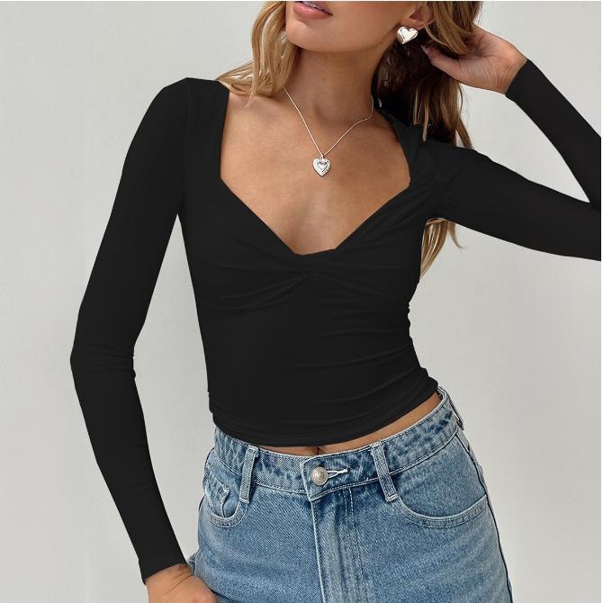 Twist Front V Neck Long Sleeve Top for Women, Slim Fit Thumb Hole Solid Crop Tee, Stretchy Basic Going Out Shirt