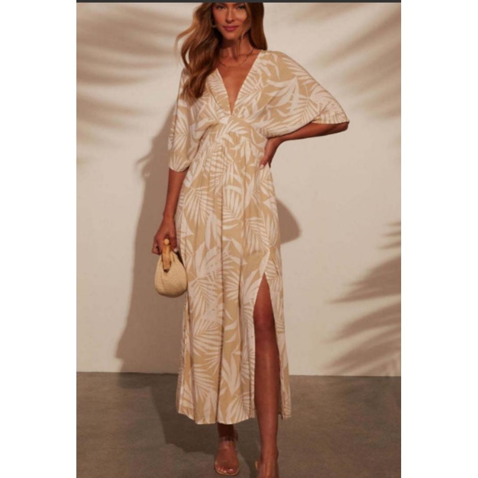Women's Ethnic Print Bohemian Casual V-Neck Maxi Dress - Short Batwing Sleeves, Elastic Waist, Side Split, Flowy, Chic, Comfortable for Vacation, Beach
