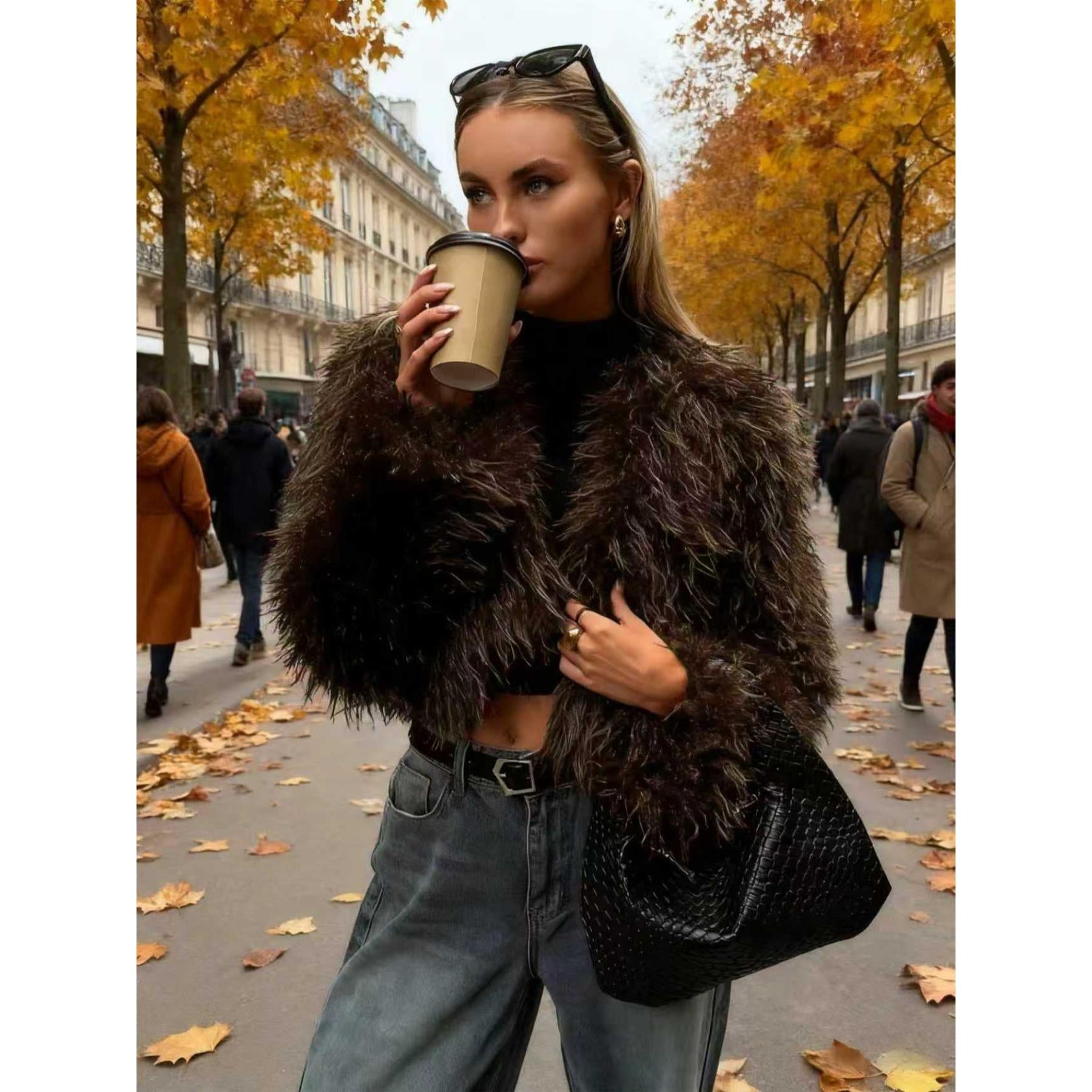 Women Shaggy Faux Fur Cropped Jacket, Long Fluffy Mongolian Faux Fur Open Front Short Coat, Trendy Fall Winter Streetwear Outerwear for Night Out Party