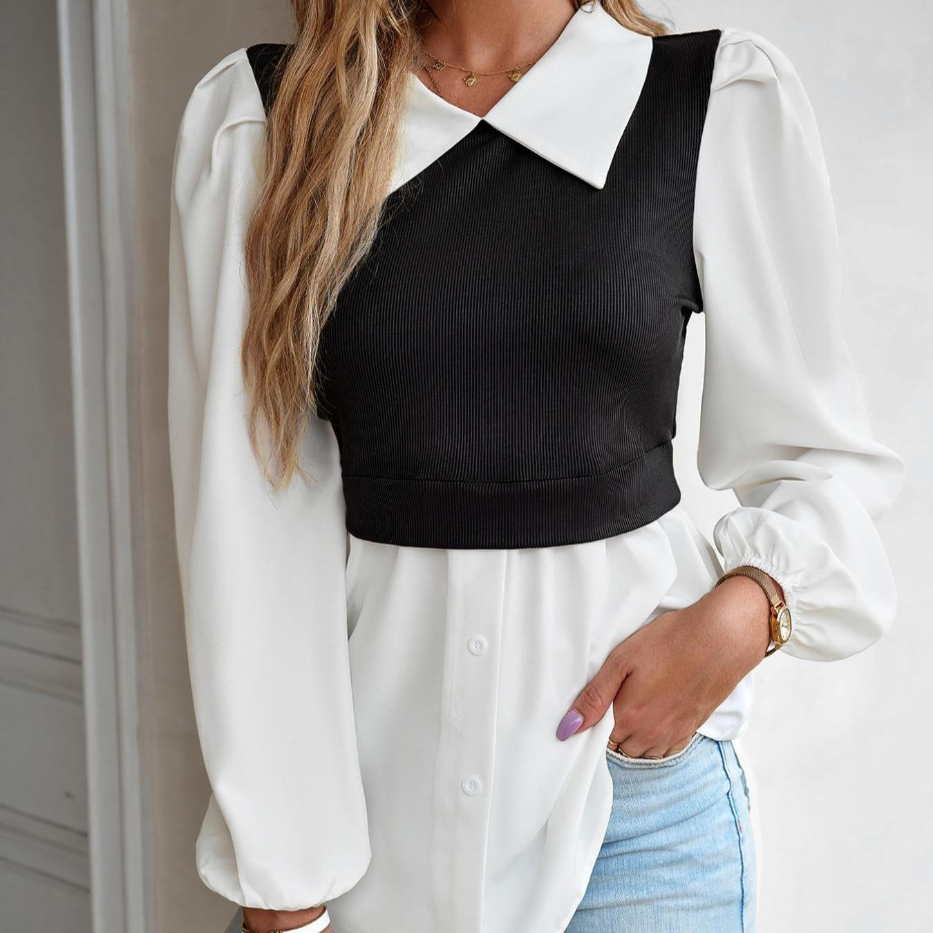 Lady's Ribbed Basic Chic Fabric Fake 2-Piece Peplum Blouse - Collared Puff Long Sleeve Print Patchwork Tunic Top, Elegant Casual Fall Womenswear
