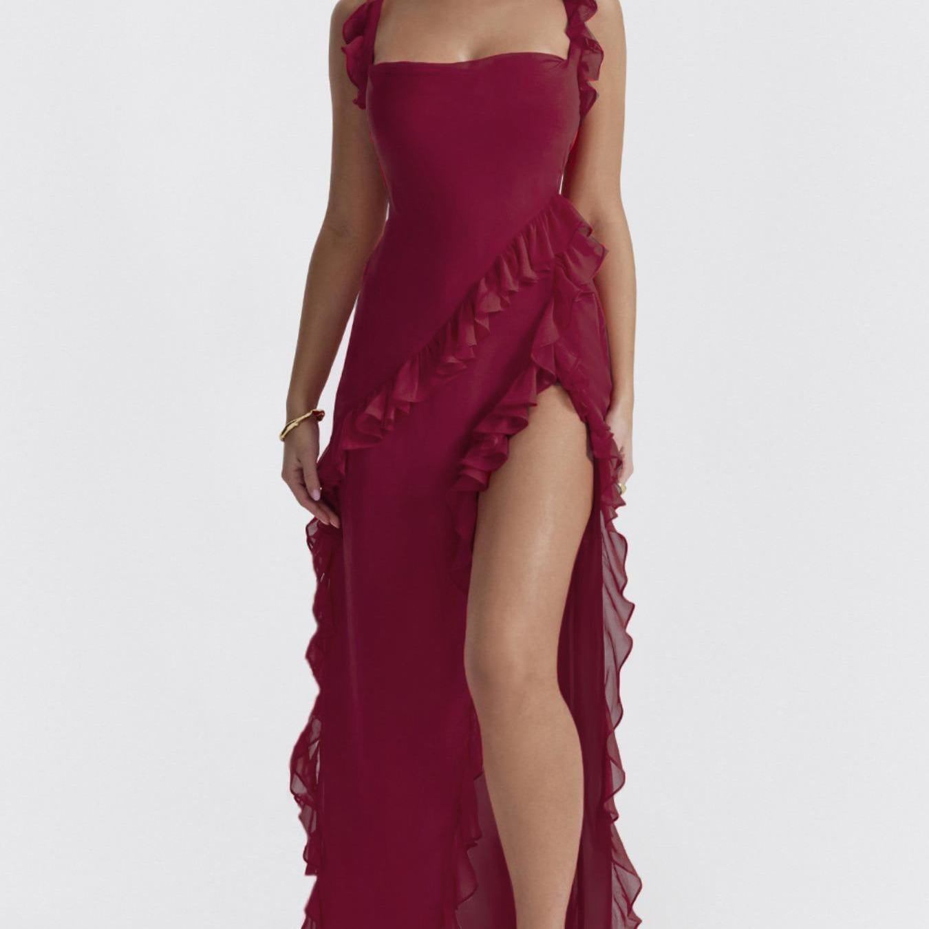 Women's French Chic Square Neck Polyester Sleeveless Spaghetti Strap Solid Color Long Maxi Dress - Lady's 1-Piece with Ruffle Detail, Thigh Split, Soft Romance, Instant Glam for Casual & Party Occasions