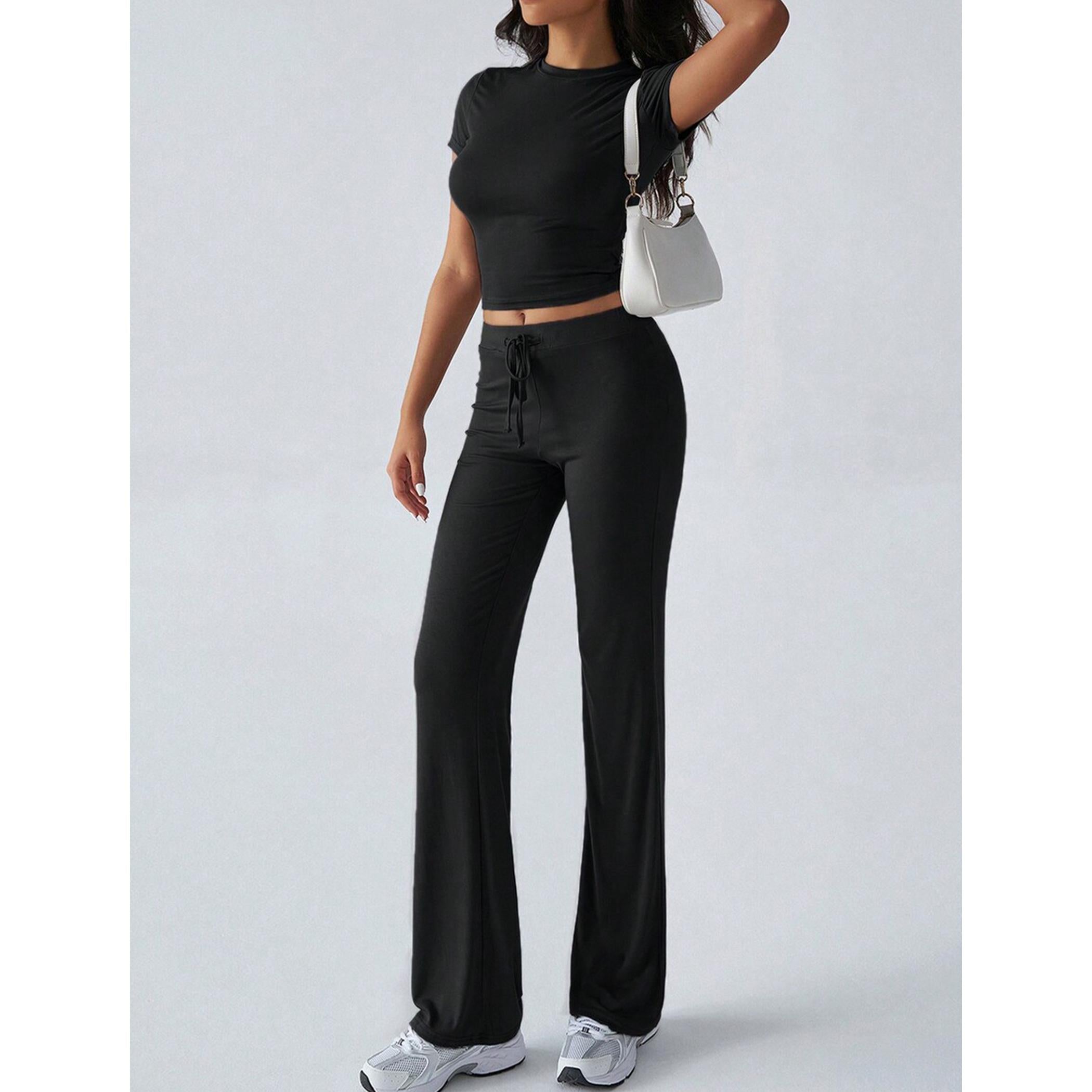 Women's 2-Piece Casual Tracksuit, Short Sleeve Crop Top & High Waist Flare Pants, 2 Piece Sets Women