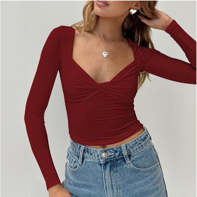 Twist Front V Neck Long Sleeve Top for Women, Slim Fit Thumb Hole Solid Crop Tee, Stretchy Basic Going Out Shirt