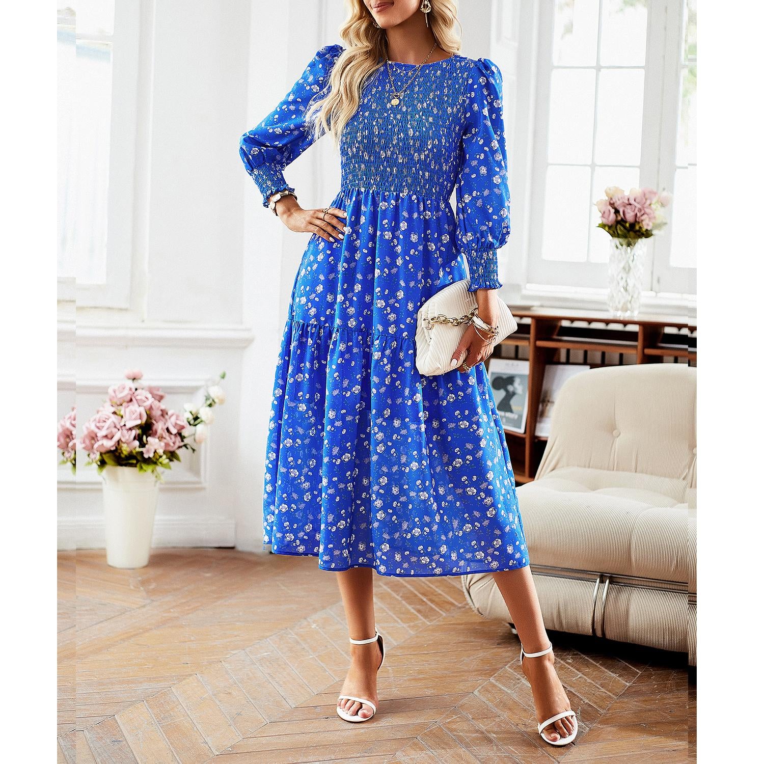 Women's Chic Traditional Colorful Flower Print Casual Boho Ruffle A-Line Mid-Length Dress - Round Neck, Shirred, Beach Wear, Womens Dresses,sohochic