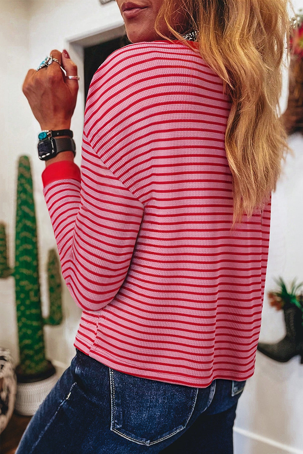 Pink Stripe Textured Round Neck Drop Shoulder Long Sleeve T Shirt