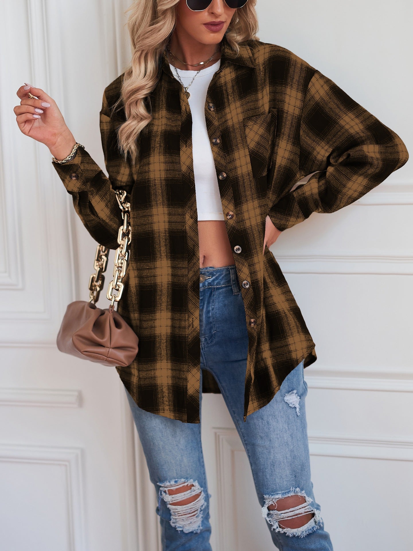 Women's New Cross border European and American Foreign Trade Casual Boyfriend Style Loose Plaid Shirt