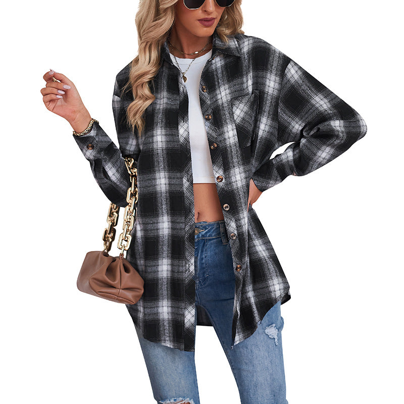 Women's New Cross border European and American Foreign Trade Casual Boyfriend Style Loose Plaid Shirt